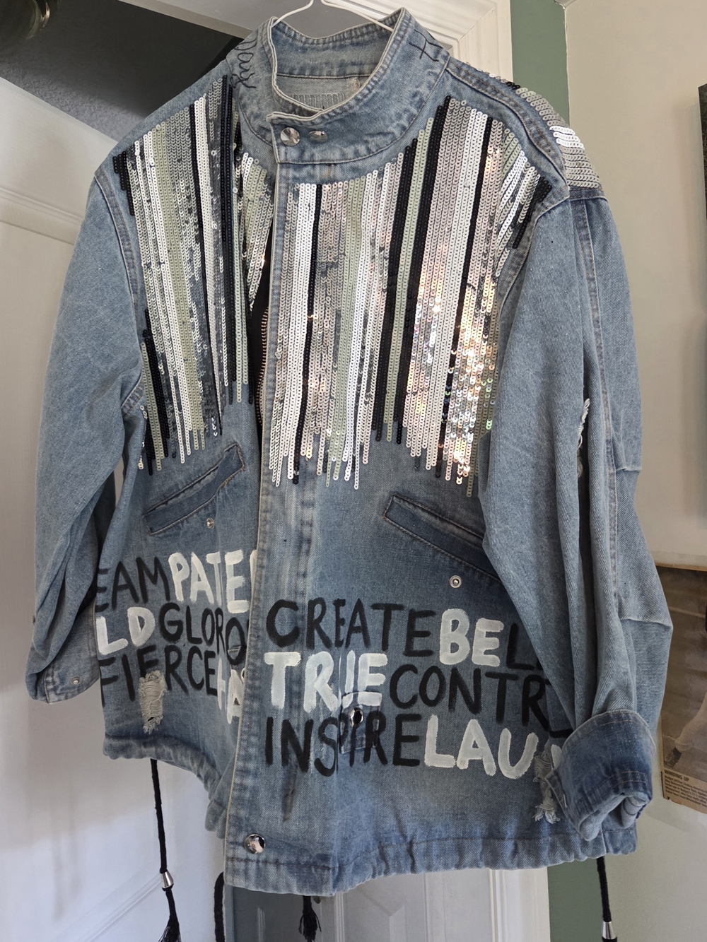 Wren + Glory Positive Vibes Hand Painted Sequin Fringe Denim Jacket Wearable Art